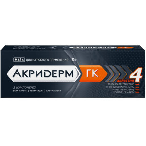 АКРИДЕРМ ГК 0,05%+0,1%+1% 30Г. №1 МАЗЬ Д/НАРУЖ.ПРИМ. ТУБА /АКРИХИН/ АКРИДЕРМ ГК 0,05%+0,1%+1% 30Г. №1 МАЗЬ Д/НАРУЖ.ПРИМ. ТУБА /АКРИХИН/